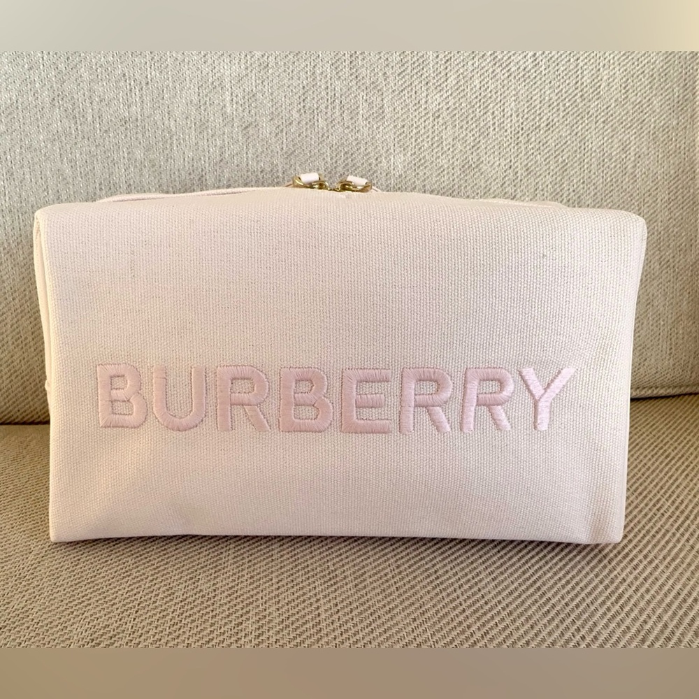 New! Burberry Embossed Logo Canvas Zipper Toiletry Pouch Clutch Makeup Bag-PINK
